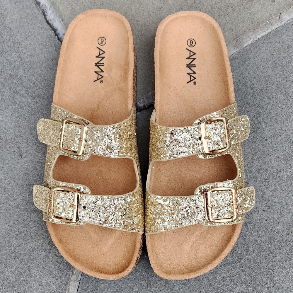 LIKE NEW ANNA Gold Sparkle Slide Sandals Cork Footbed With Double Buckle-MINT